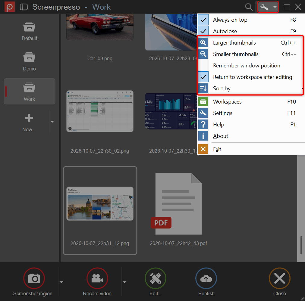 Workspace preferences and sorting menu